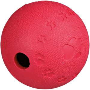 Roter Jollypaw Snackball aus Naturgummi mit Pfotenabdruck, Durchmesser 9 cm.