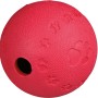 Roter Jollypaw Snackball aus Naturgummi mit Pfotenabdruck, Durchmesser 9 cm.