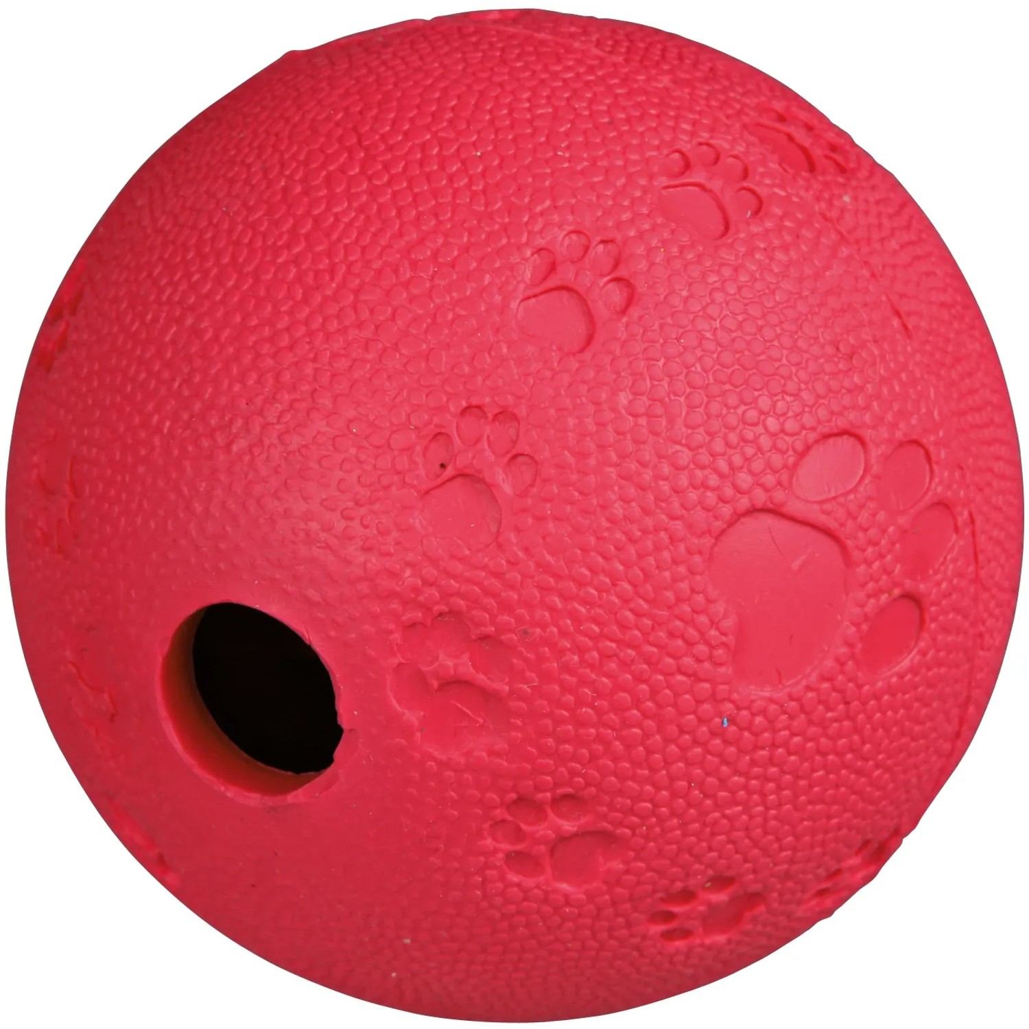 Roter Jollypaw Snackball aus Naturgummi mit Pfotenabdruck, Durchmesser 9 cm.