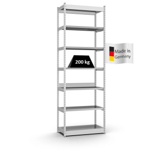 Lichtgraues PROREGAL Fachbodenregal mit 7 Ebenen, Stecksystem, Traglast 200 kg pro Ebene.