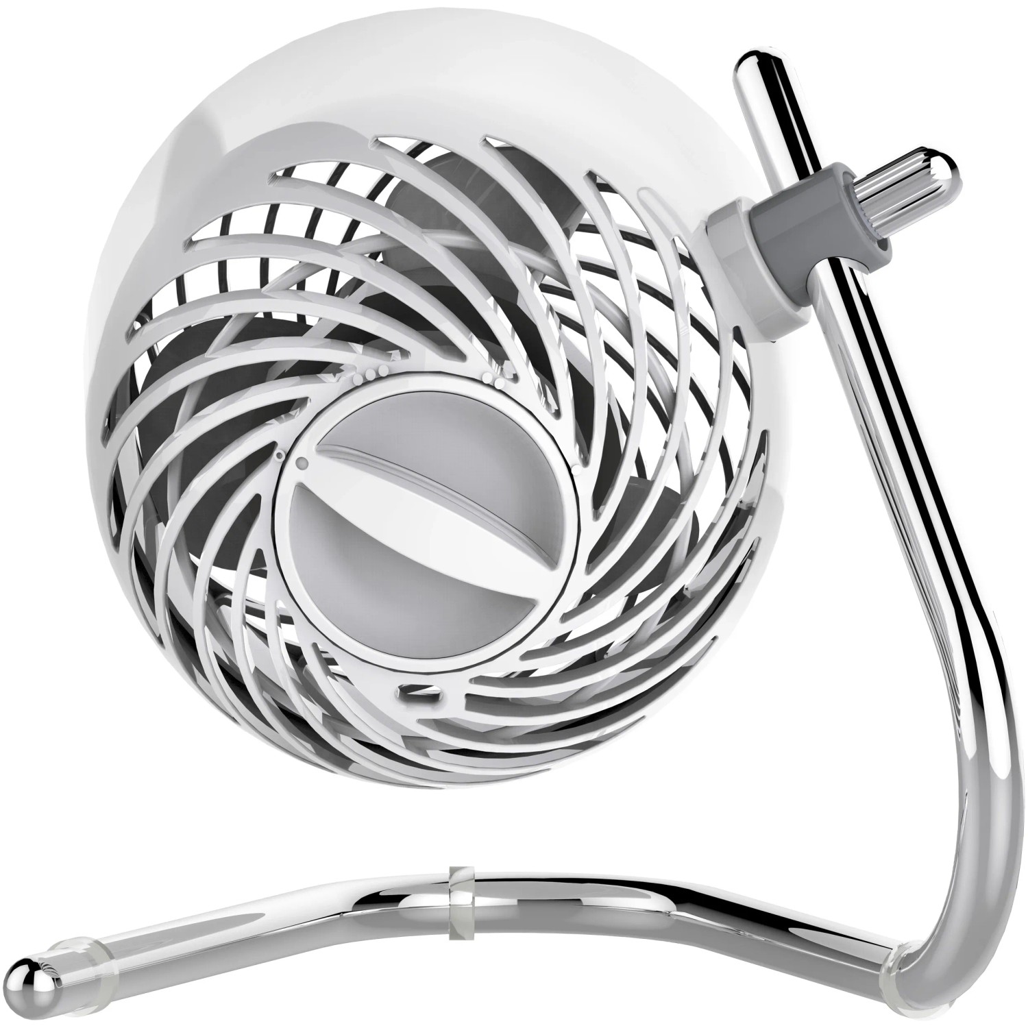 Eisgrauer Vornado Pivot Tischventilator mit Chromfuß und schwenkbarem Kopf.