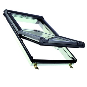 Geöffnetes Roro Dachfenster KB5.0, 114x118 cm, Kunststoff, weiß-anthrazit, mit VSG-Verglasung.