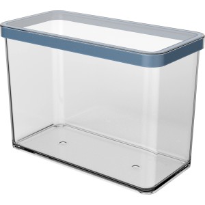 Rechteckige, transparente Rotho Vorratsdose Loft Premium (2,1 l) mit blauem Deckel.