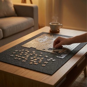 Graues faltbares Filz Puzzlebrett auf Holztisch. Eine Hand legt Puzzleteile auf die rutschfeste Unterlage. Ideal für Kreatives Gestalten.