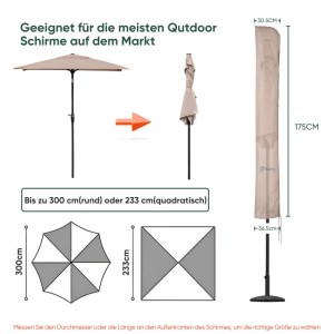 Beige Schutzhülle aus Polyester für einen 300 cm Sonnenschirm, mit Maßangaben.