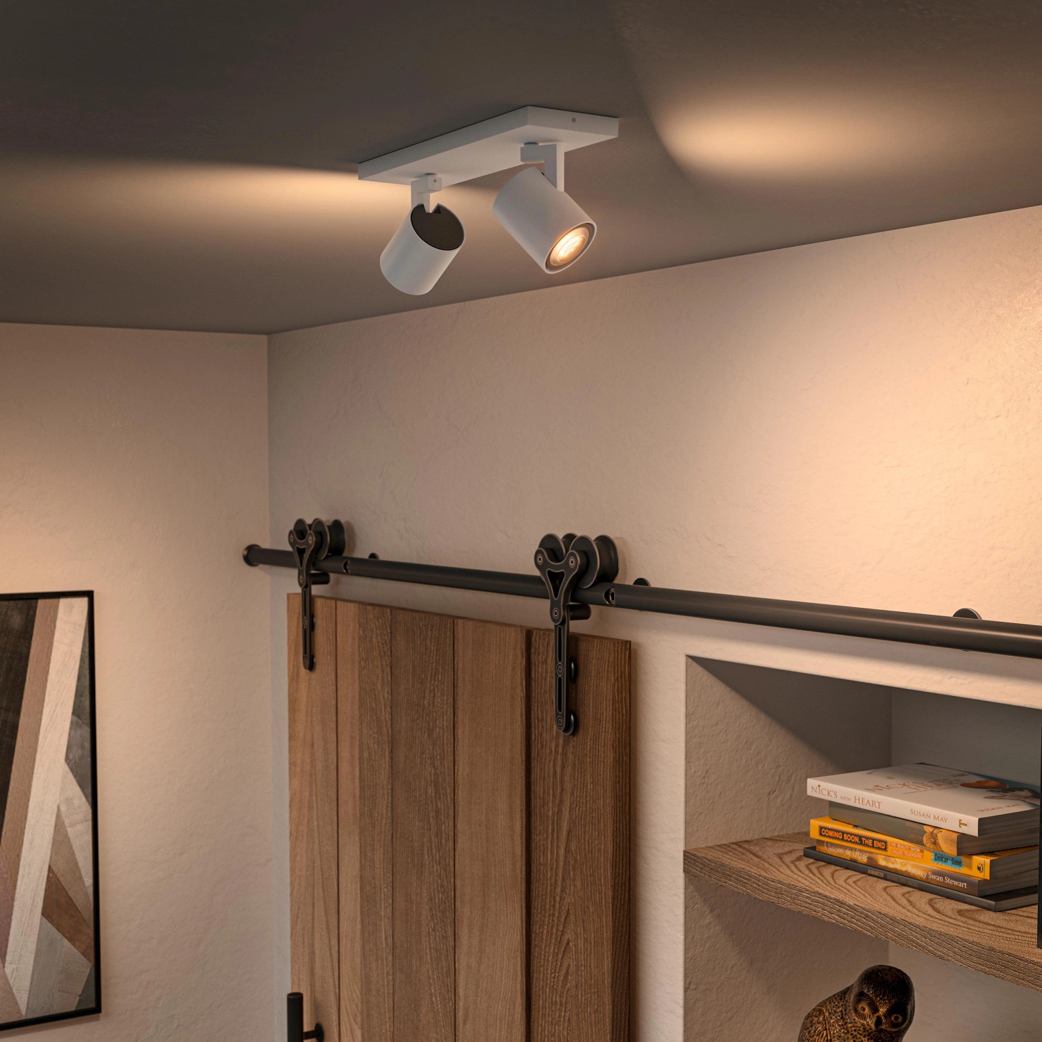 Weißer Philips Hue LED Spot Runner, 2-flammig, mit Dimmer an der Decke.