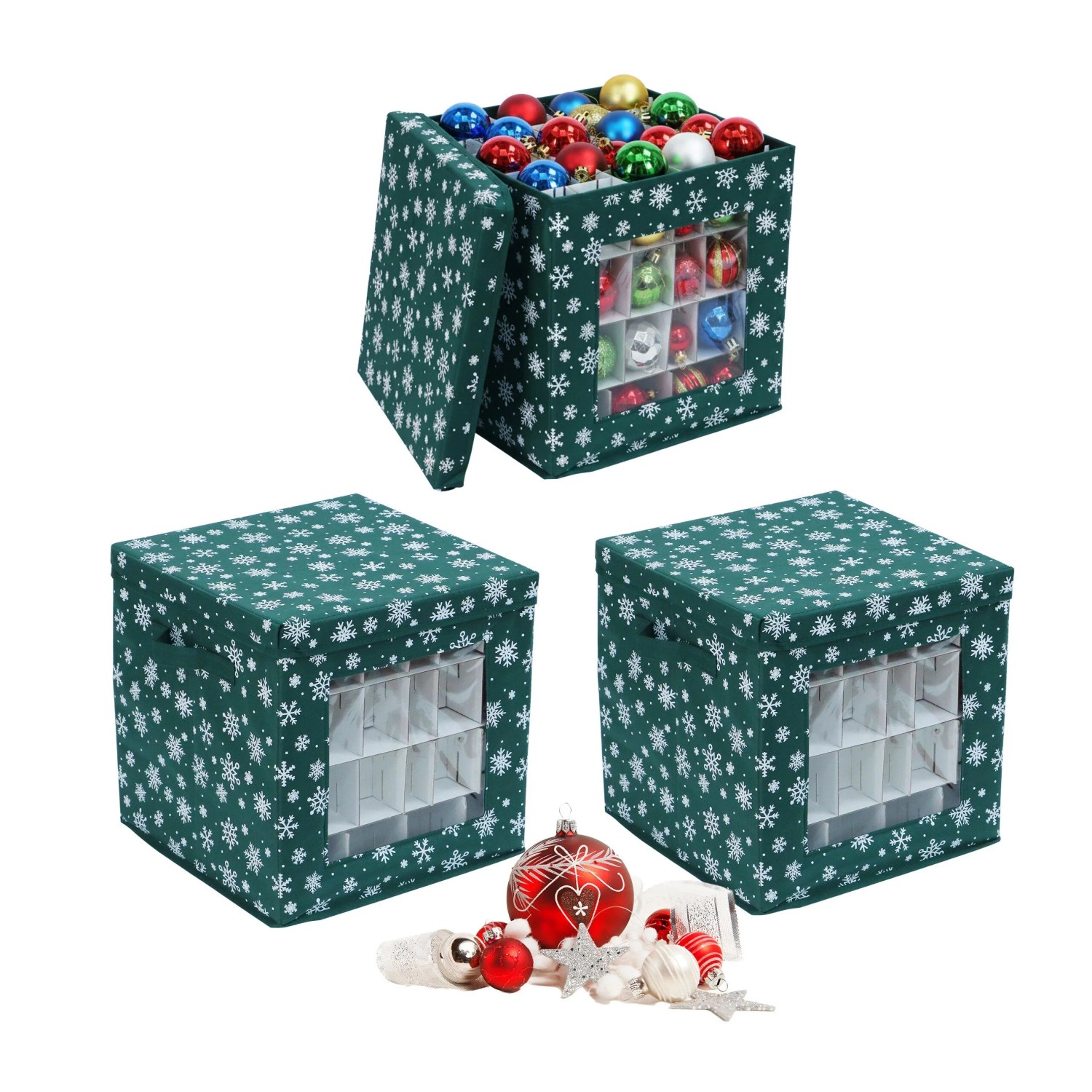 Relaxdays Weihnachtskugel Aufbewahrungsbox 3er Set Vlies Sichtfenster Tragegriffe Verstellbar 33 cm x 33 cm x 33 cm