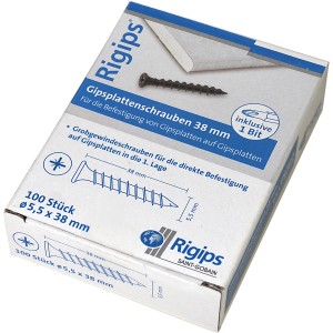 Rigips Gipsplattenschrauben, 5,5x38mm, 100 Stück im Karton. Zubehör für Gipskartonplatten.