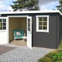 Carbongraues Lasita Gartenhaus Amira 275 mit geöffneter Doppeltür und Fenster. Holz-Gartenhaus.