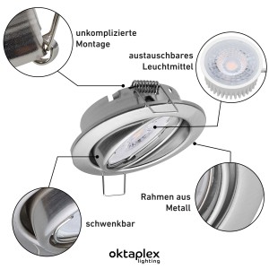 Oktaplex Einbaustrahler Dijon 6er Set, gebürsteter Edelstahl, schwenkbar, mit LED Modul und warmweißem Licht.