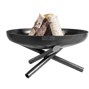 Schwarze Wilk Feuerschale Indiana (Ø 60 cm) mit Holzscheiten auf einem Stahlgestell.