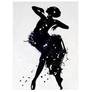 Abstraktes Ölgemälde: Schwarze Tänzerin-Silhouette mit weißen Farbspritzern auf weißer Leinwand. Handgemaltes Wandbild.