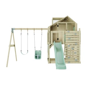 PolarPlay Babyschaukel Lasse mintgrün mit Spielturm, Rutsche und Kletterwand.