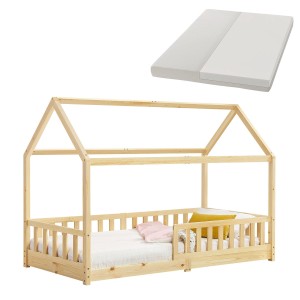 Juskys Kinderbett Marli 90x200 cm, Naturholz, mit Matratze und Lattenrost im Hausbett Design.