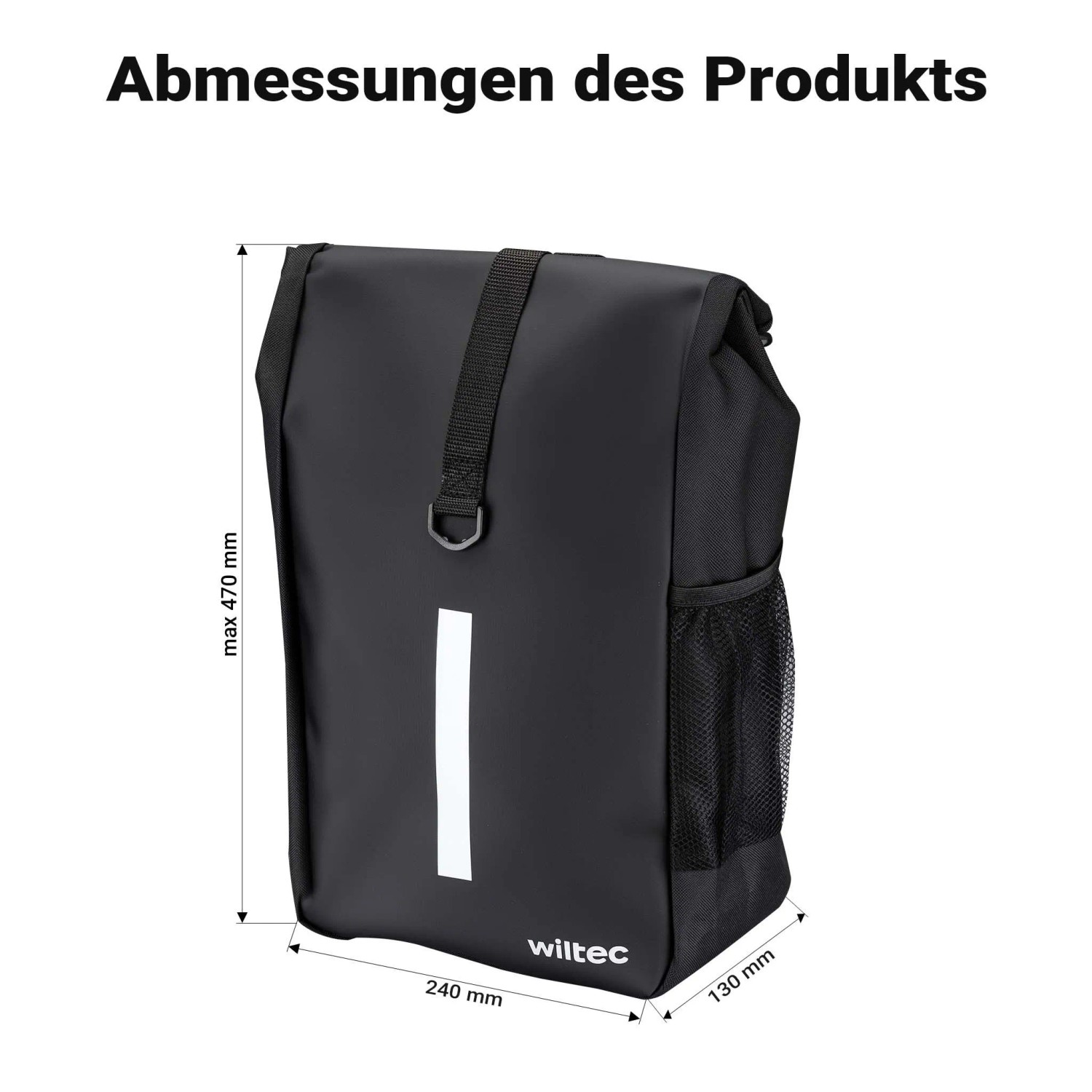 Wiltec Gepäckträgertasche matt schwarz, 16L, mit Maßen 470x240x130mm, Reflektorstreifen und Netzfach.