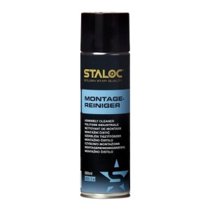 Staloc Montagereiniger Spray 500 ml: Silberne Dose mit schwarzem Deckel und blauem Etikett für industrielle Reinigung.