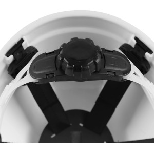 Innenansicht: Weißer LUX Bauhelm mit 6-Punkt-Aufhängung und Verstellrad.