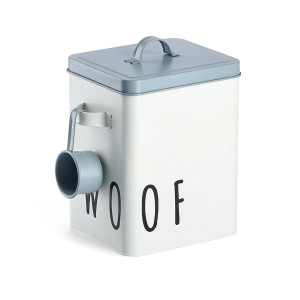 Weiße Zeller Futterdose Woof aus Metall mit Schaufel für Hundefutter.