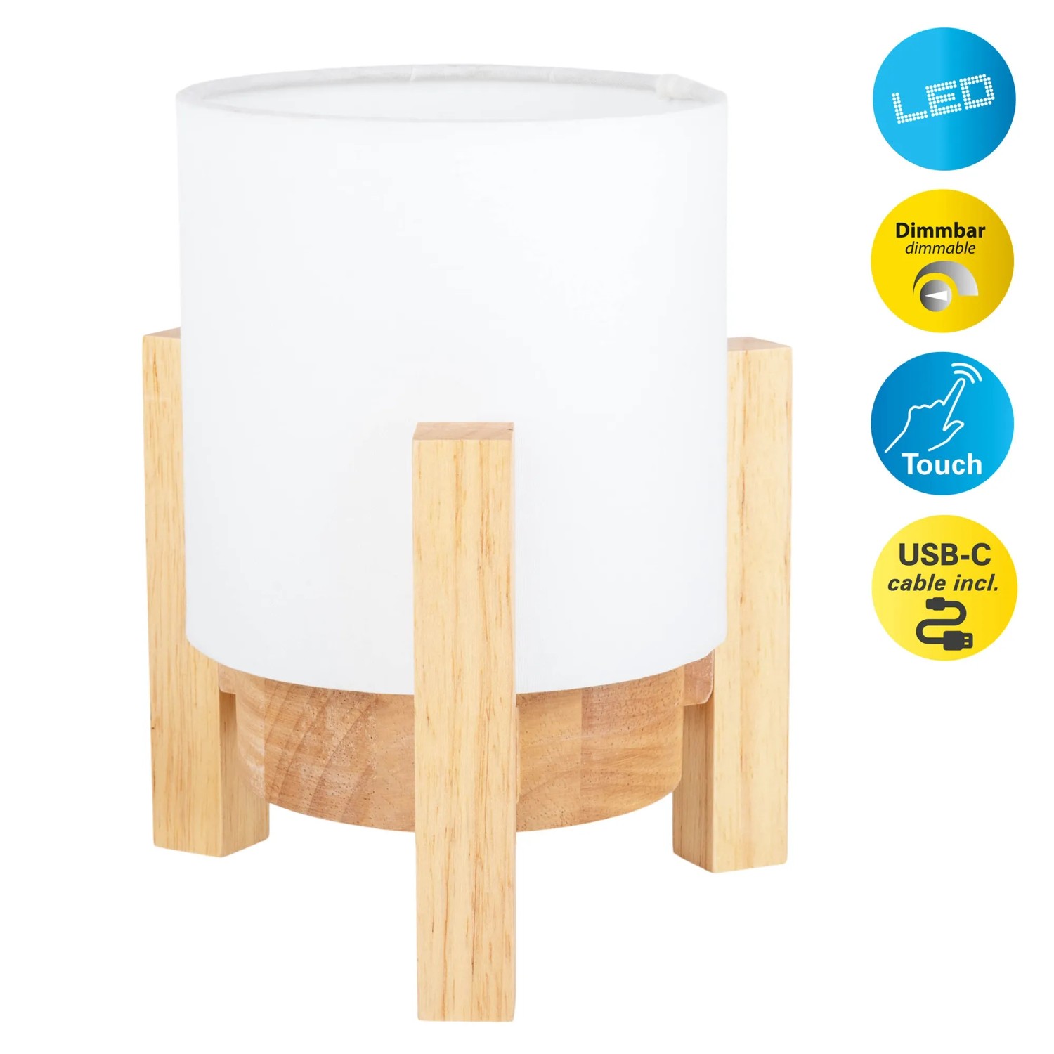 Näve LED-Akkutischleuchte Madita mit Holzfuß und weißem Textilschirm.