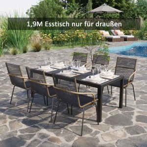 Schwarzer Outsunny Gartentisch aus Aluminium und Polyholz, 190 cm lang, auf einer Terrasse mit Stühlen und Pool.