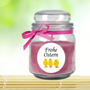 Duftkerze Frohe Ostern im Glas mit Küken-Motiv und Lavendelduft, Ø9cm.