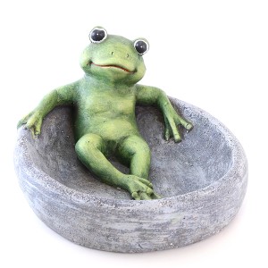 Grau-grüne Vogeltränke mit Froschfigur (17,5 cm) als Gartendeko.