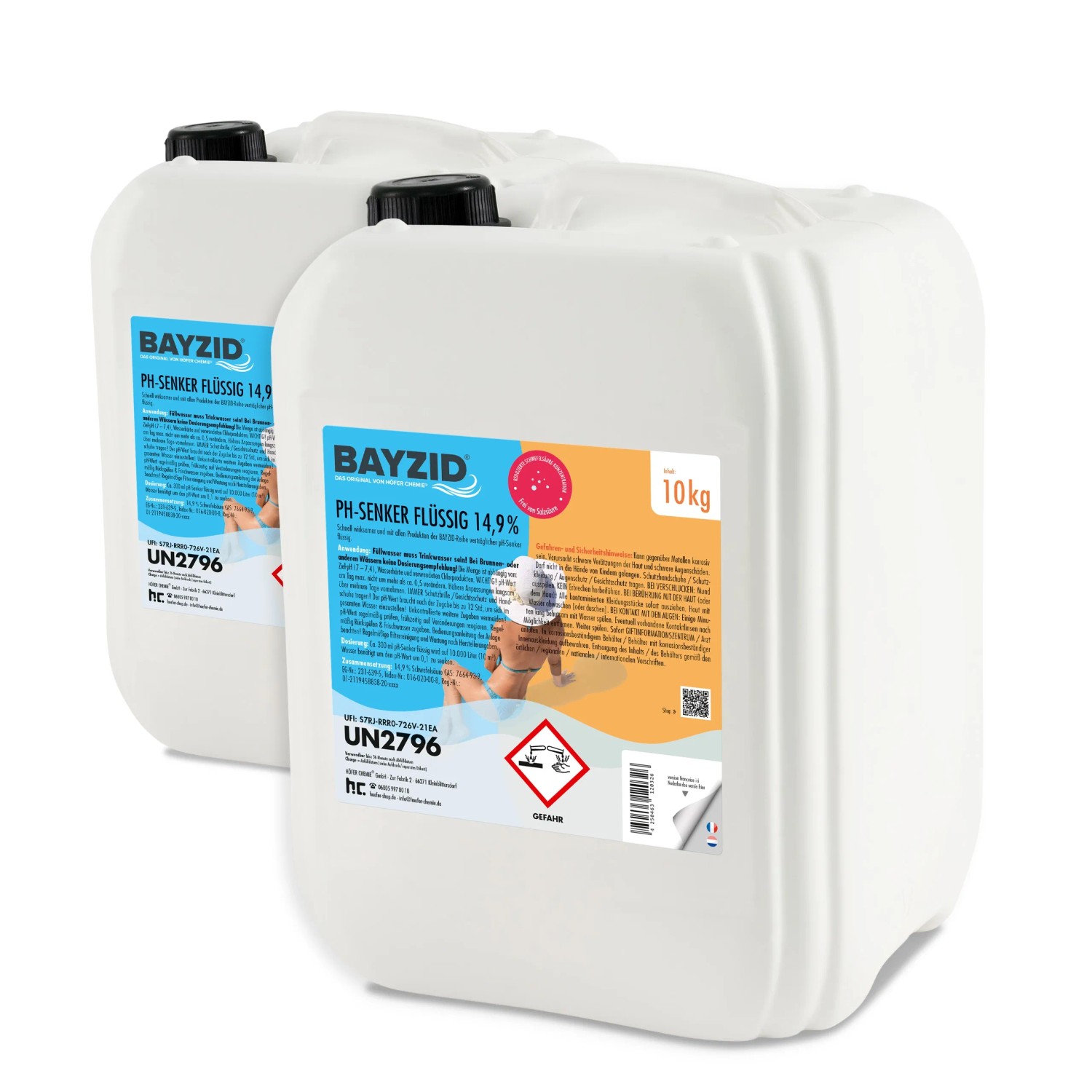 Zwei Kanister Bayzid pH Minus Flüssig 14,9% (je 10kg) zur pH-Regulierung im Pool.