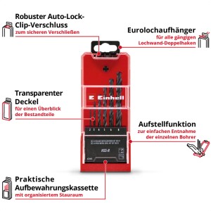Einhell Metallbohrer-Set HSS-R, 6-teilig (2-8 mm) in roter Kassette mit transparentem Deckel.