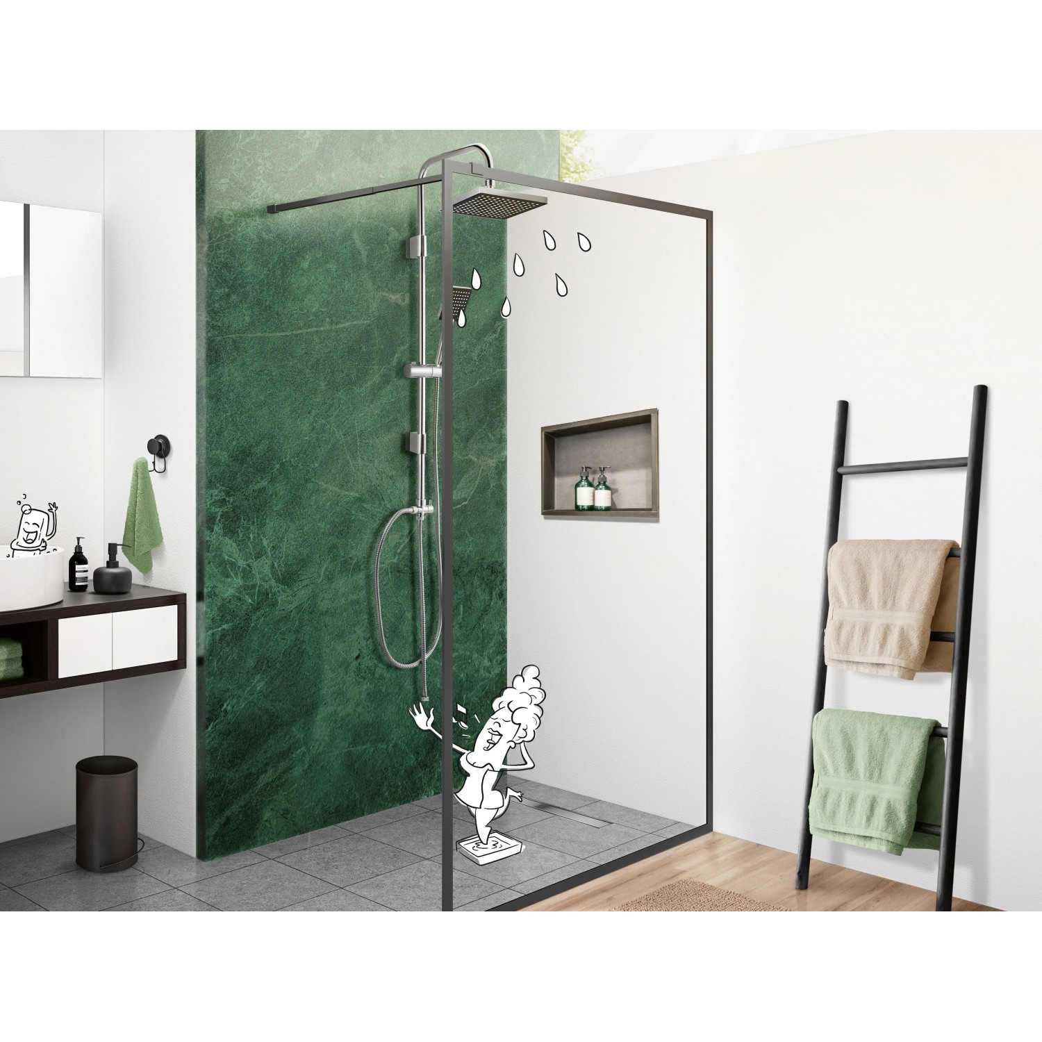 Schwarze baliv Walk-In Duschabtrennung DUK-120.81, 120x195 cm, mit Duschkopf und Armatur.
