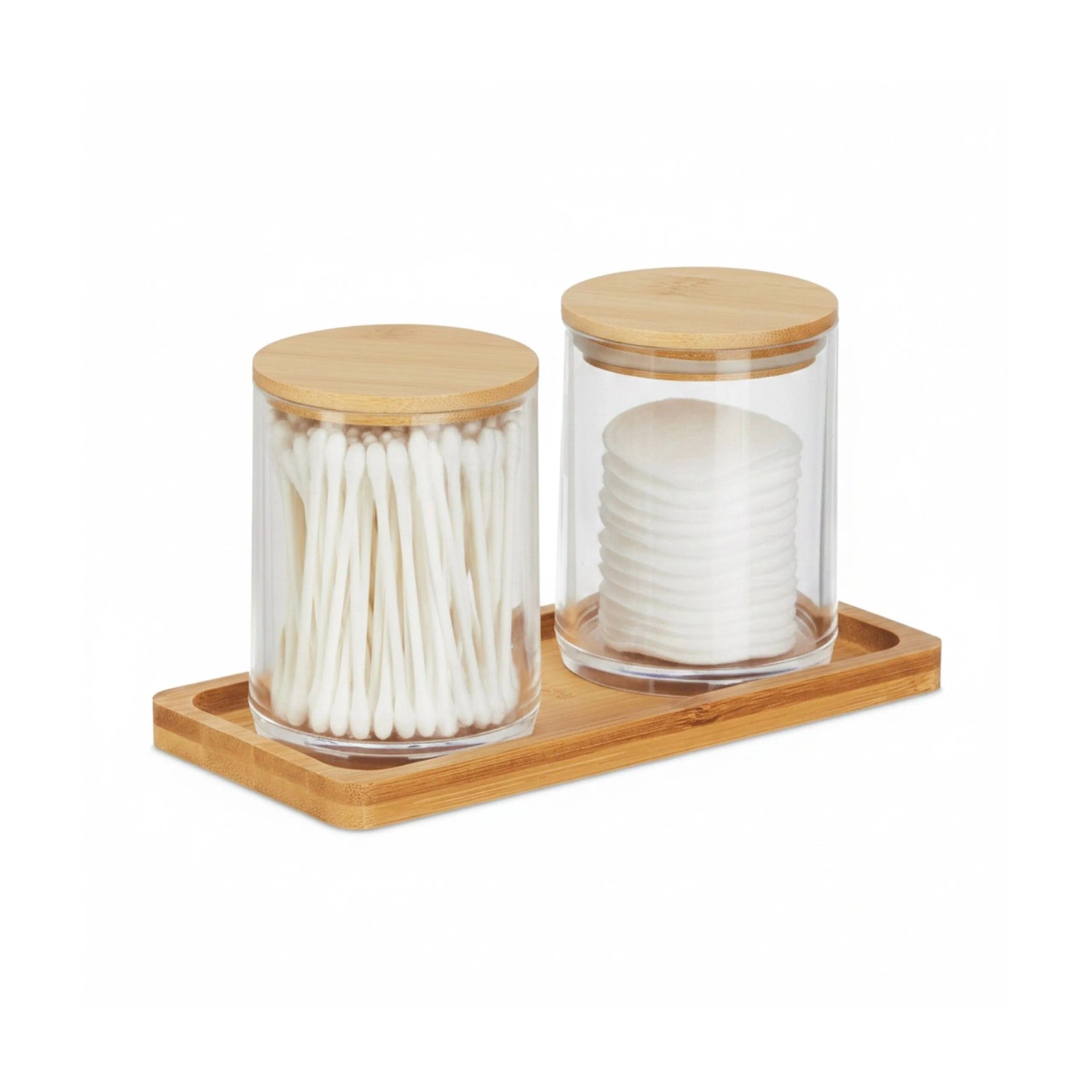 Relaxdays Wattestäbchenbehälter Kunststoff Transparent Natur mit Tablett 19 cm x 9 cm x 10 cm 290 g