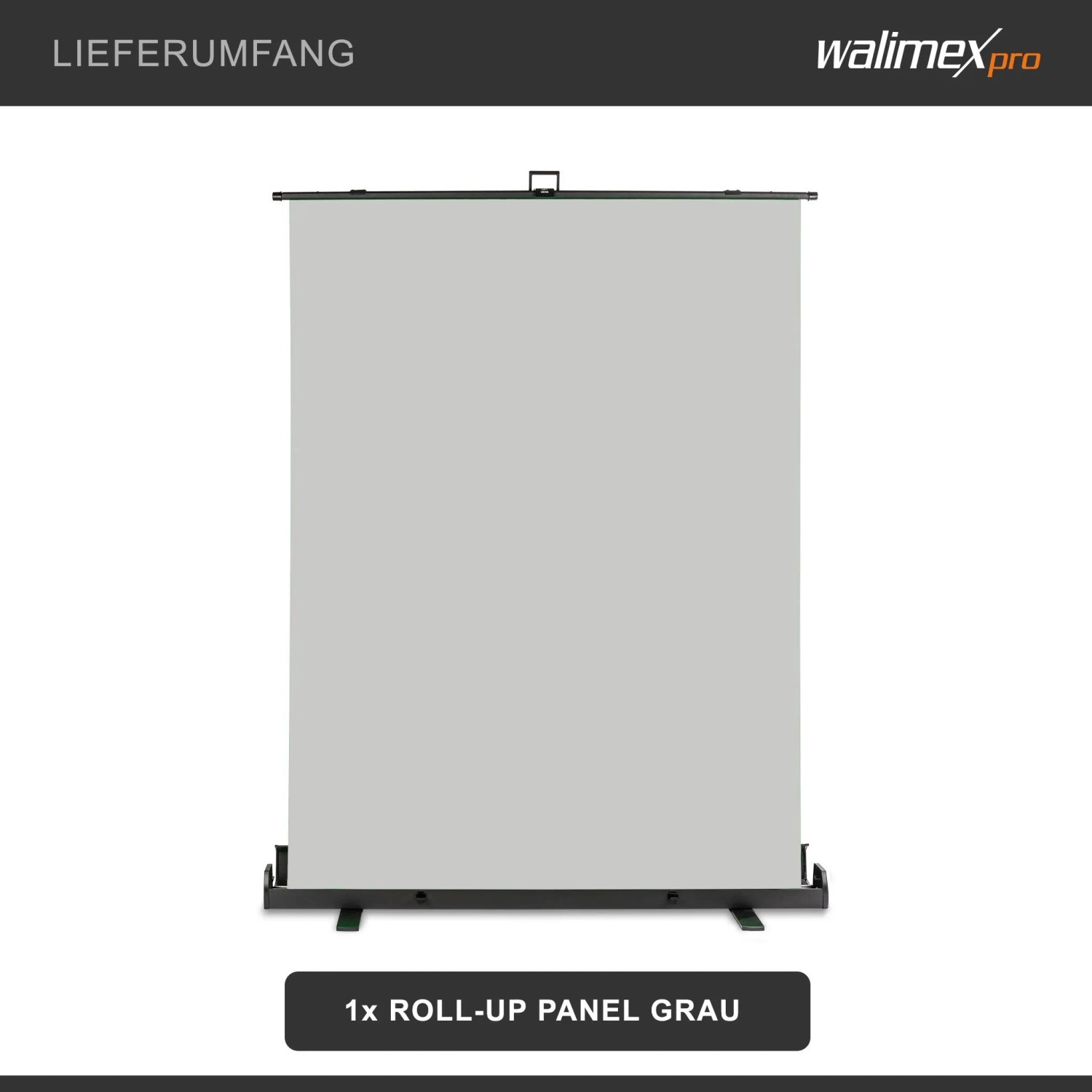 Graues Walimex Pro Roll-Up Panel, 155x200cm, als Fotohintergrund für Studio & mobil, mit schwarzem Standfuß.