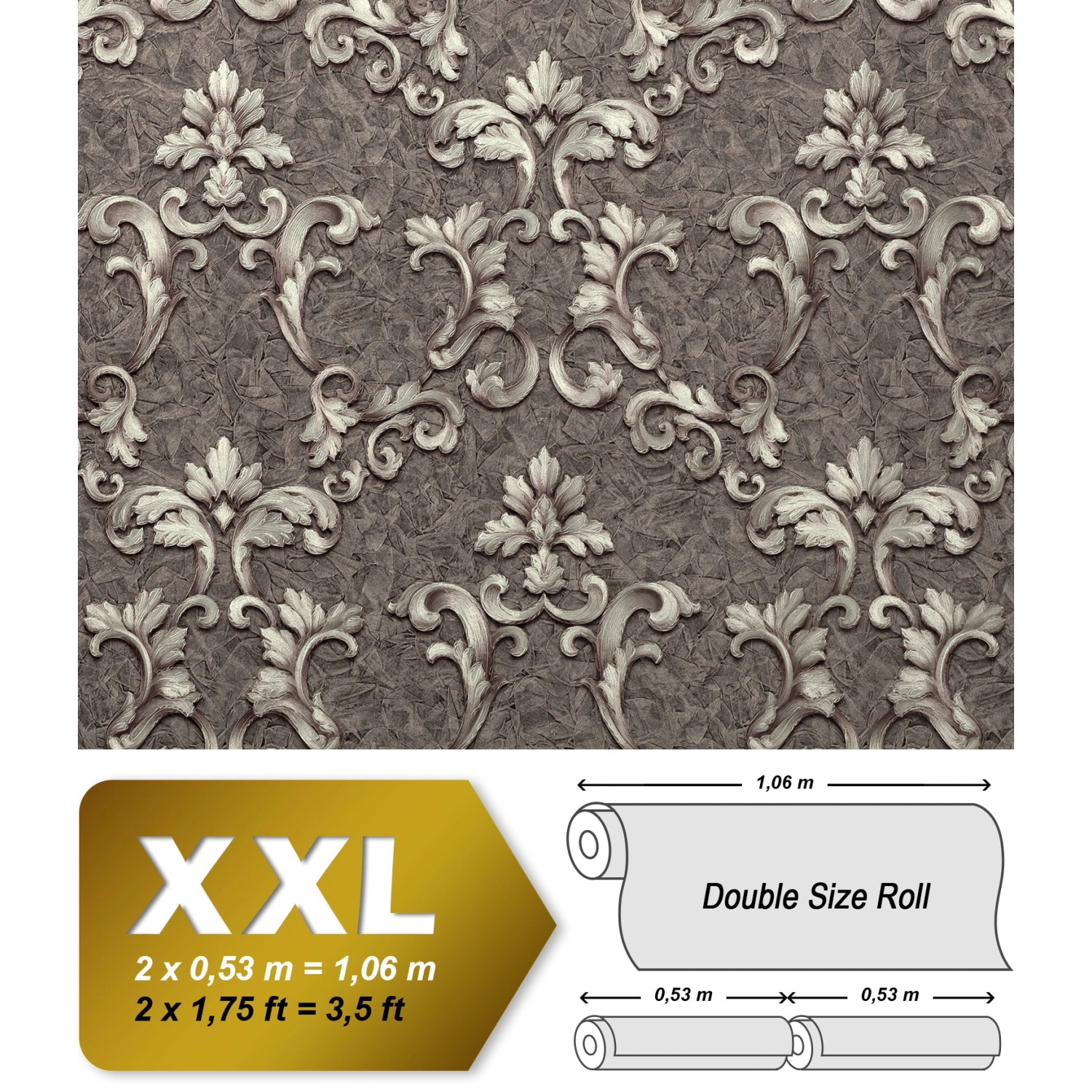 EDEM Barock Vliestapete 9085-29, grau/silber/platin, florales Muster, schimmernd.