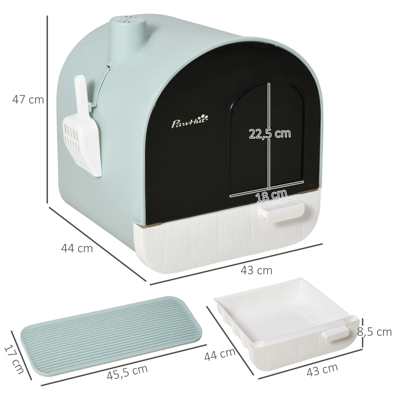 PawHut Katzentoilette mit Deckel, Streuschaufel und Matte. Katzenklo in Pastellblau und Weiß.