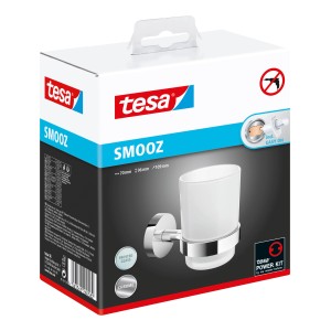 Tesa Smooz Zahnputzbecher mit Klebelösung in Chrom, verpackt. Inklusive Milchglas-Becher.