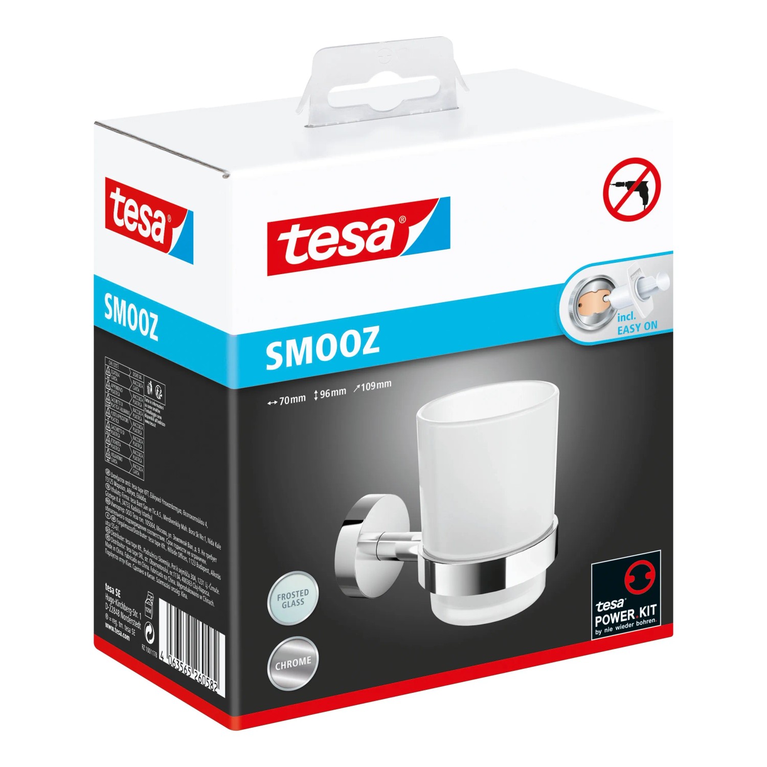Tesa Smooz Zahnputzbecher mit Klebelösung in Chrom, verpackt. Inklusive Milchglas-Becher.
