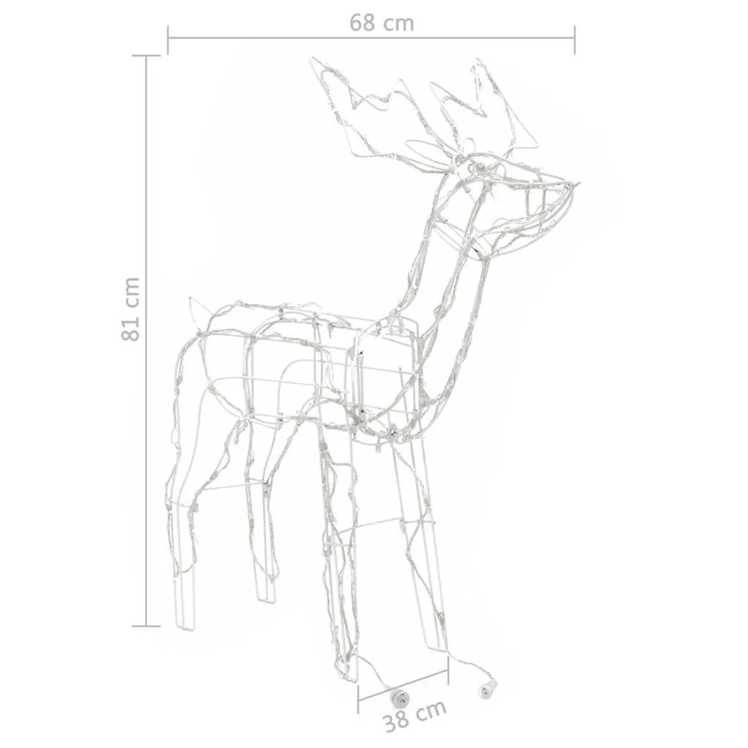 Weißes LED-Rentier aus Drahtgestell mit warmweißen Lichtern, 81 cm hoch. Ideal für Außen-Weihnachtsdekoration.