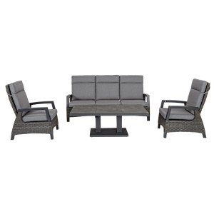 Graue Gartenlounge-Gruppe mit Tisch TRUMAN. Sofa und Sessel mit grauen Polstern.