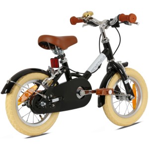Schwarzes PROMETHEUS Kinderfahrrad 12 Zoll im Retro-Look mit beigen Reifen, Felgenbremse und Ständer.