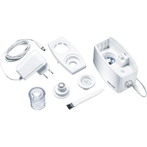 Weißer Beurer LB 12 Mini-Luftbefeuchter mit Zubehör, ideal für Reisen und Büro.