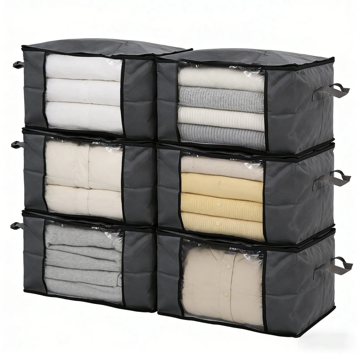 Sekey Aufbewahrungstasche Faltbar Aufbewahrungsbox mit Deckel für Bettdecken 6-tlg Kleiderschrank Organizer Reißverschluss Griffe Kleidung Bettwäsche