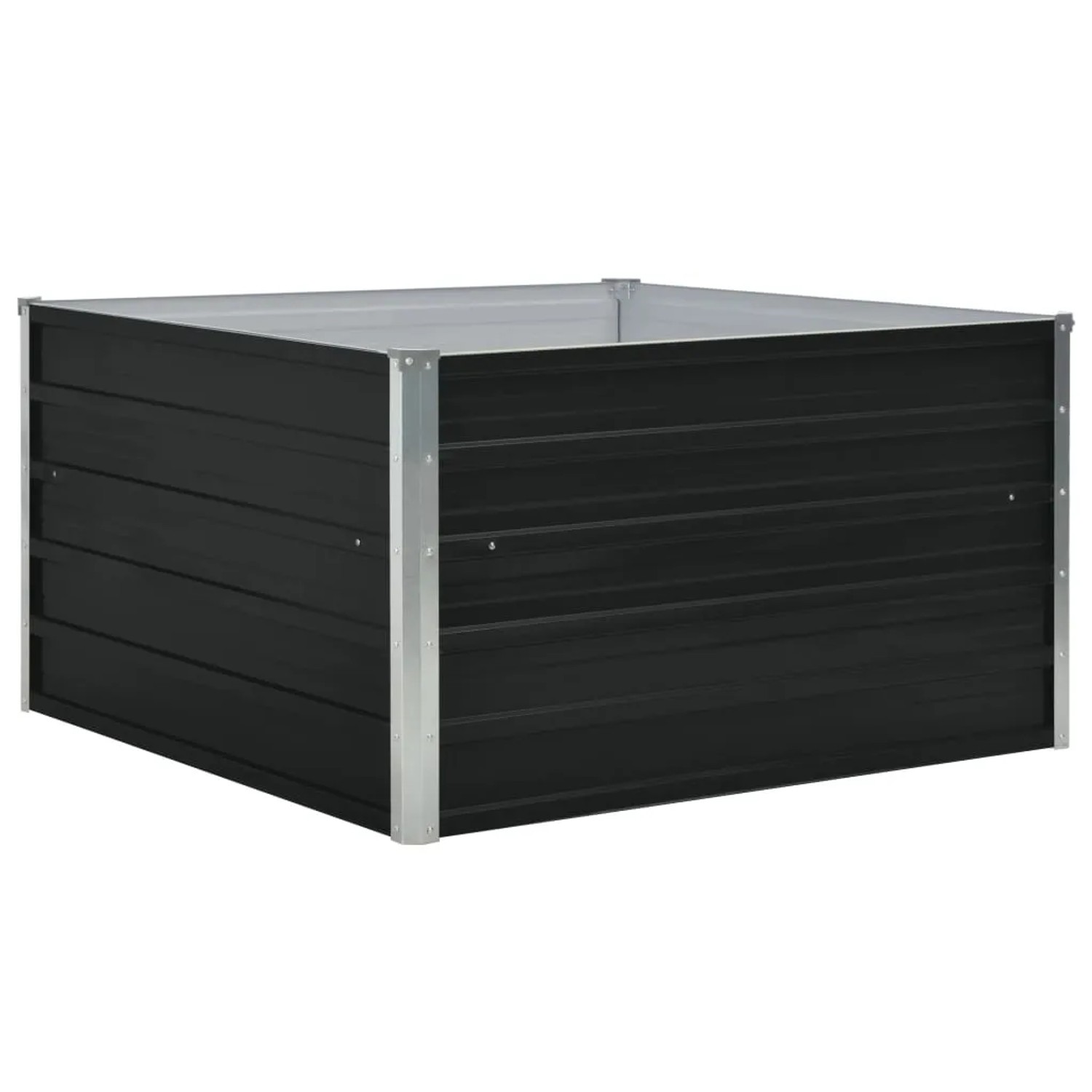 Anthrazitfarbenes, quadratisches Hochbeet aus verzinktem Stahl (100x100x45 cm).