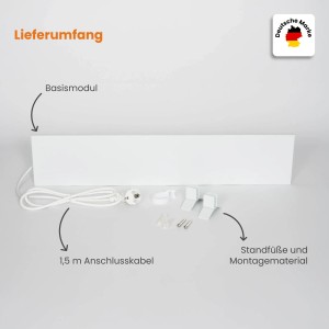 Dalsys Anti-Schimmel-Heizung 60W: Lieferumfang mit Heizkörper, Kabel, Standfüßen und Montagematerial.