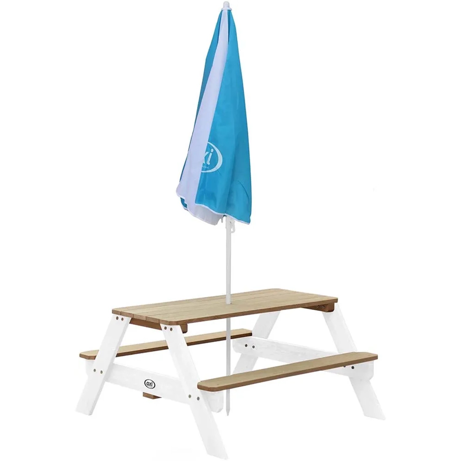 Axi Nick Picknicktisch mit blau-weißem Sonnenschirm für Kinder, ideal für Garten & Spiel.