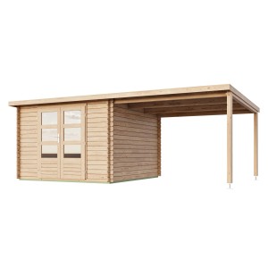 Karibu Gartenhaus Dortmund Set mit Anbaudach aus naturbelassenem Holz mit Doppeltür.