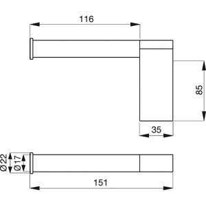Technische Zeichnung: Ideal Standard Reserve-Papierrollenhalter Connect Chrom mit Maßen.