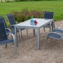 7-teiliges Gartenmöbel-Set Amalfi mit Esstisch und Stühlen in Marineblau und Aluminium.
