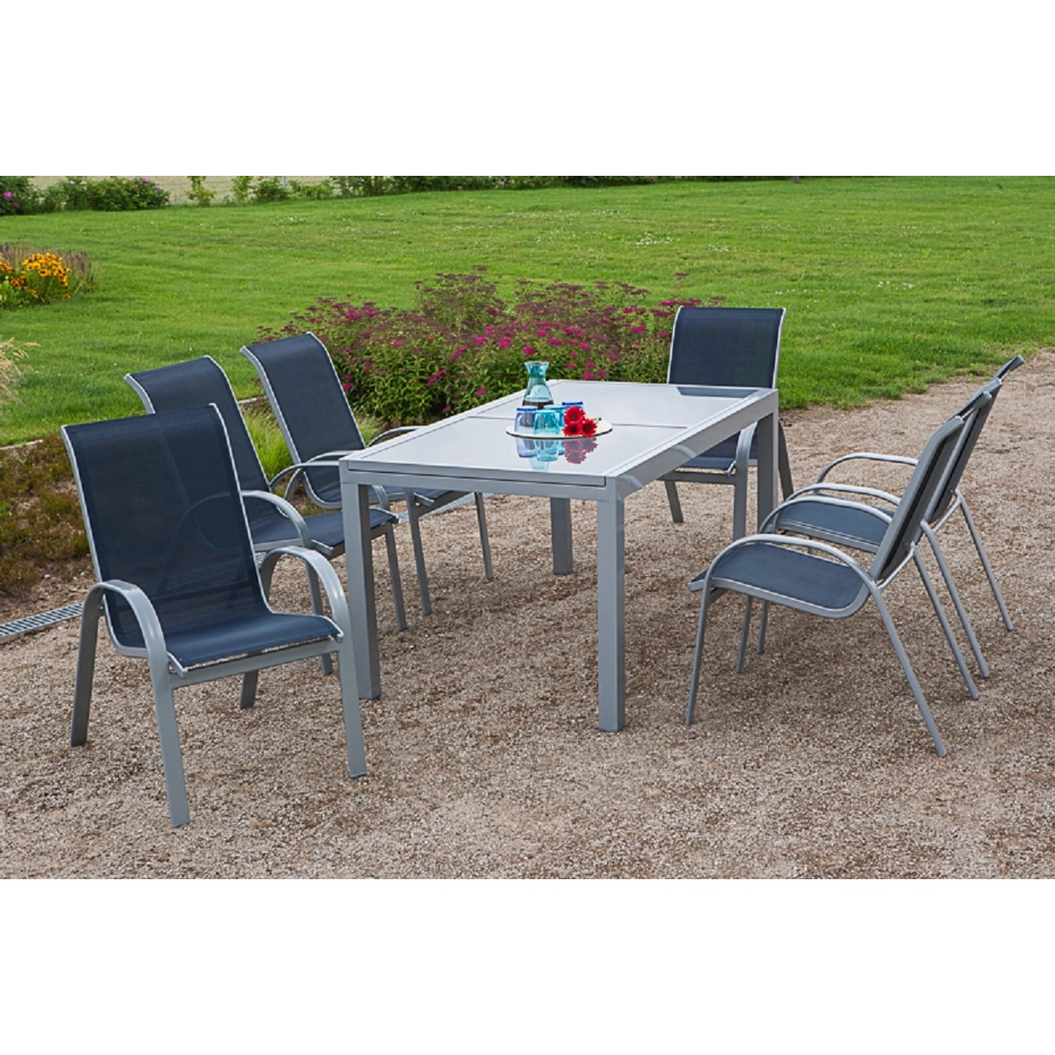 Gartenmöbel-Set Esstisch-Gruppe Amalfi Aluminium Marineblau 7-tlg.