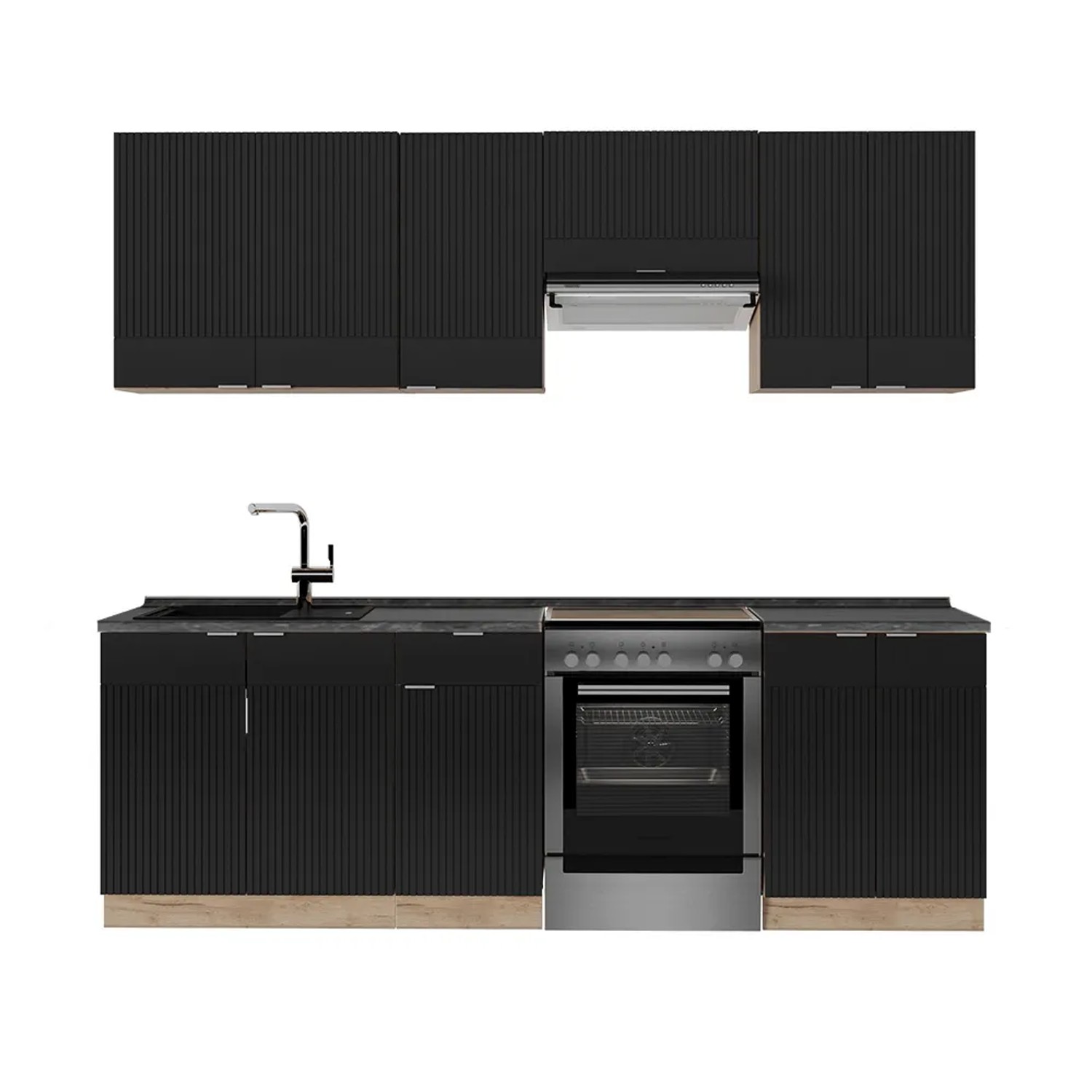 Vicco Fame-Line Küchenzeile Schwarz gestreift/Goldkraft Eiche 240 cm AP Anthrazit ohne E-Geräte