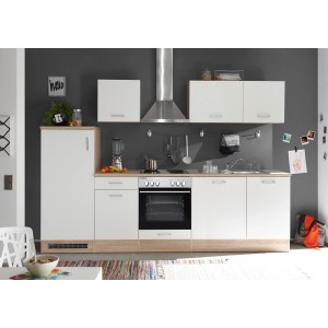 Respekta Küchenzeile KB280ENWP in Weiß-Eiche Optik mit E-Geräten und Spüle.