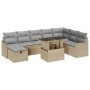 Beiges 9-teiliges vidaXL Garten-Sofa-Set aus Poly Rattan mit Kissen und Stauraum.